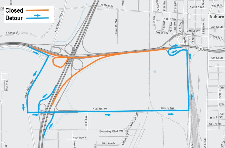 Map shows eastbound State Route 18 closure in Auburn and the State Route 167 ramps to eastbound State Route 18 highlighted in orange. The detour route is highlighted in blue with arrows using the southbound West Valley Highway, eastbound 15th Street Southwest, northbound Auburn Way South and the on-ramp to eastbound SR 18.