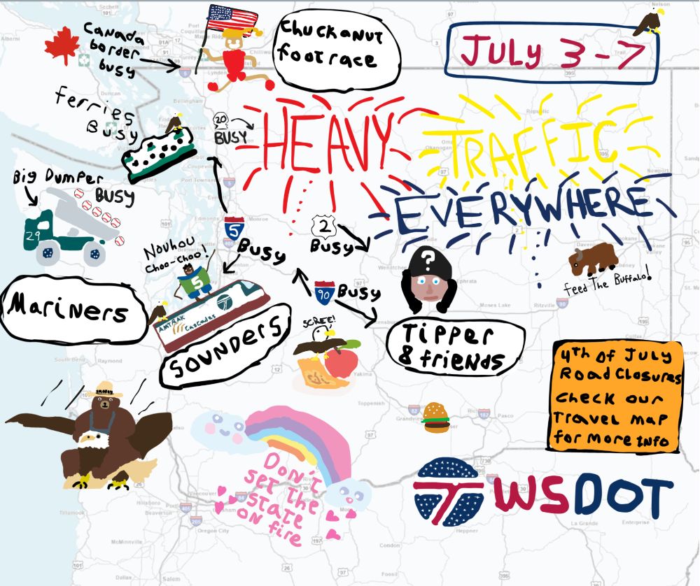 Illustrative Paint Map of Washington state highlighting expected heavy traffic from July 3-7 due to various events including Mariners and Sounders games, Tipper concert, a Chuckanut Footrace, and Fourth of July celebrations. Icons and text emphasize busy areas. Also includes drawings of eagles, Smokey Bear riding an eagles, dump truck, Nouhou riding an Amtrak Cascades train, a cartoon noting not to set the state on fire, various foods, a beautifully drawn ferry, and more.
