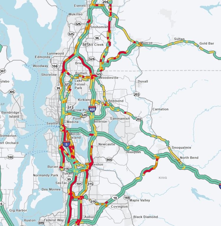 Map shows traffic flow on Seattle-area highways in green, yellow, orange and red.