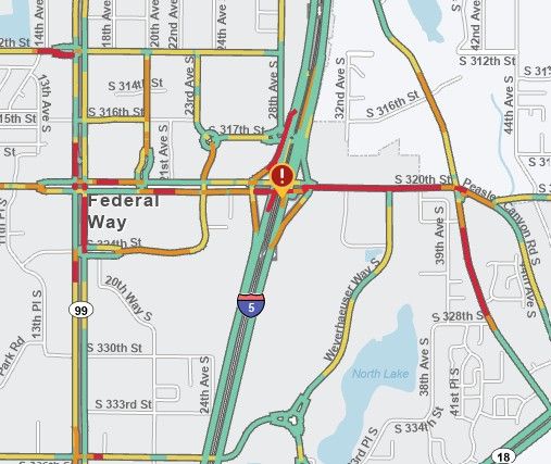 A map showing a red exclamation mark on the S 320st overpass of I-5 in Federal Way.