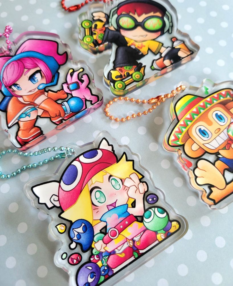 Four thick acrylic standees, ulala from space channel 5, beat jet set radio, amitie puyo puyo and amigo samba de amigo