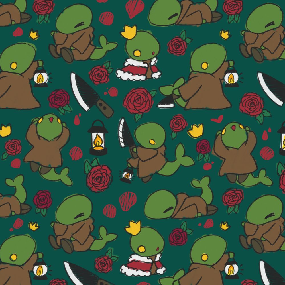 tonberry pattern created by allibunn and scarysu for fan merch. pattern is on a dark green background. multiple differntly posed tonberries are included. one tonberry holds up a lantern, another has a regal red cape and gold crown, another is skipping with a large knife. between the tonberries are roses, lanterns, crowns, and blood splatters