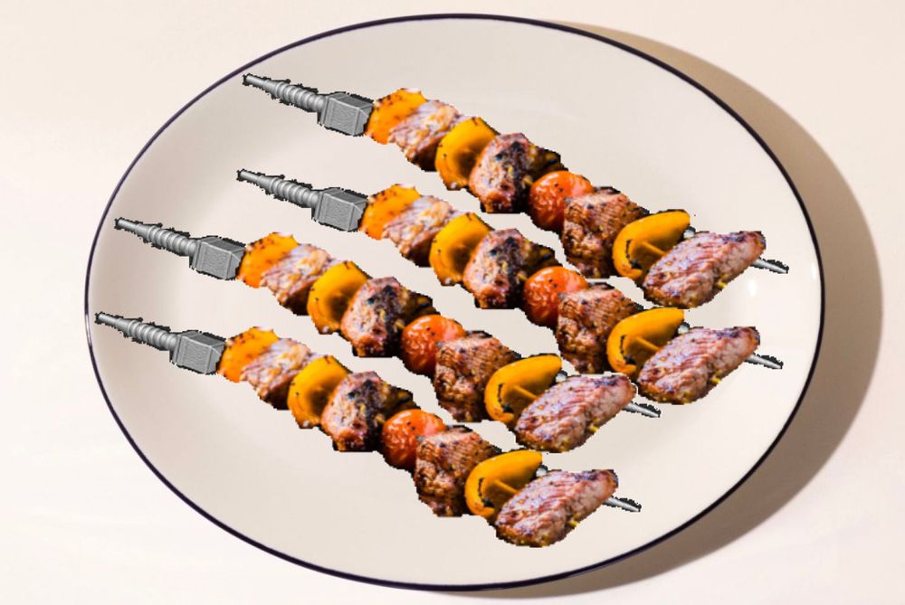 Terrible MS Paint rendering of several plated Gom Jabbars from the movie Dune repurposed as shish kabob skewers.  Chunks of red meat and bell pepper are present as well as an overwhelming sense of dread.