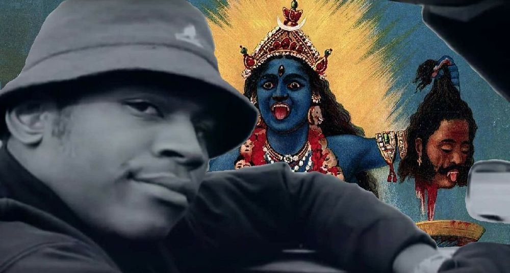 A collage where in the background, Hindu goddess Kali holds a severed head.  In the foreground is rapper LL Cool J sitting in a car, looking dismissive.