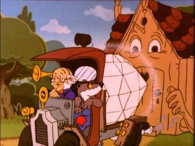 A still image from the cartoon Doctor Snuggles, depicting an old balding man with bifocals and his badger friend driving an antique truck away from a house with a face.  Normal stuff.