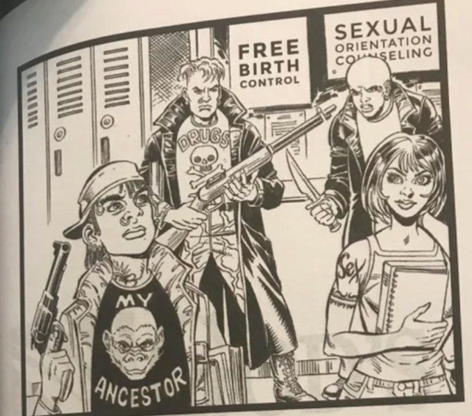 An anti progressive/leftist/woke/whatever comic panel that accidentally created the most badass group of best friends I personally have ever seen.  Of note is a t-shirt that says "DRUGS" over a skull and crossbones and a shoulder tattoo that says "SEX" in the Korn font.