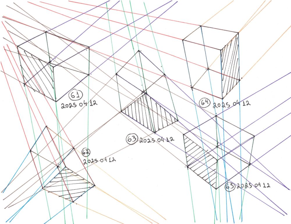 Hand drawn boxes in 3 points perspective with lines going from each axis to the vanishing points to check their convergence.