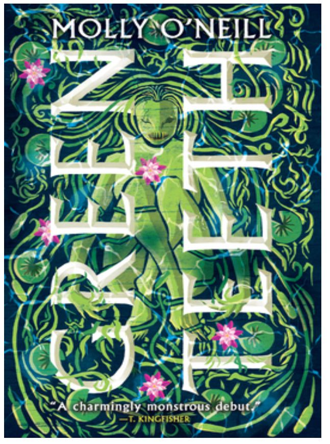 Cover art for the Book Greenteeth written by Molly O’Neill. A vivid cover with a green humanoid in the center, surrounded by bones of stylized lily pads, pink water Lillies and water ripples of the same light green color as the humanoid lake creature. A dark green fill around the more vivid colors conveys darker depths below. Medieval stylized white Vertical text is the title : Greenteeth.
