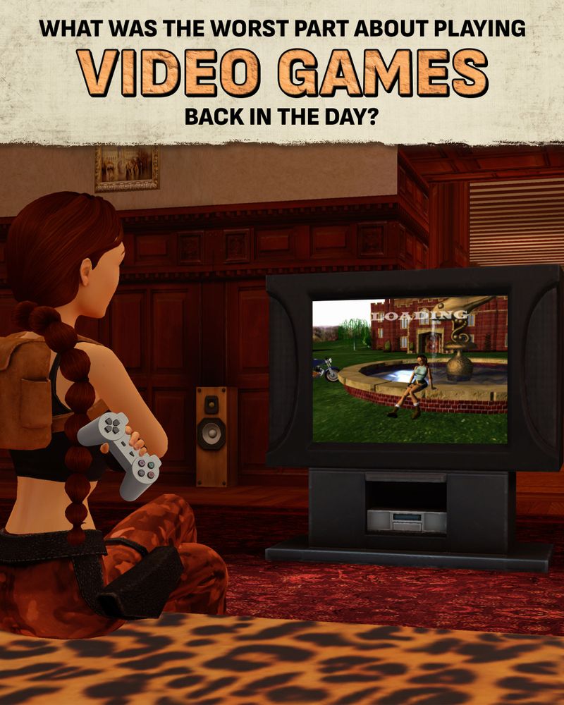 Image of Lara Croft sitting on her couch playing Tomb Raider.