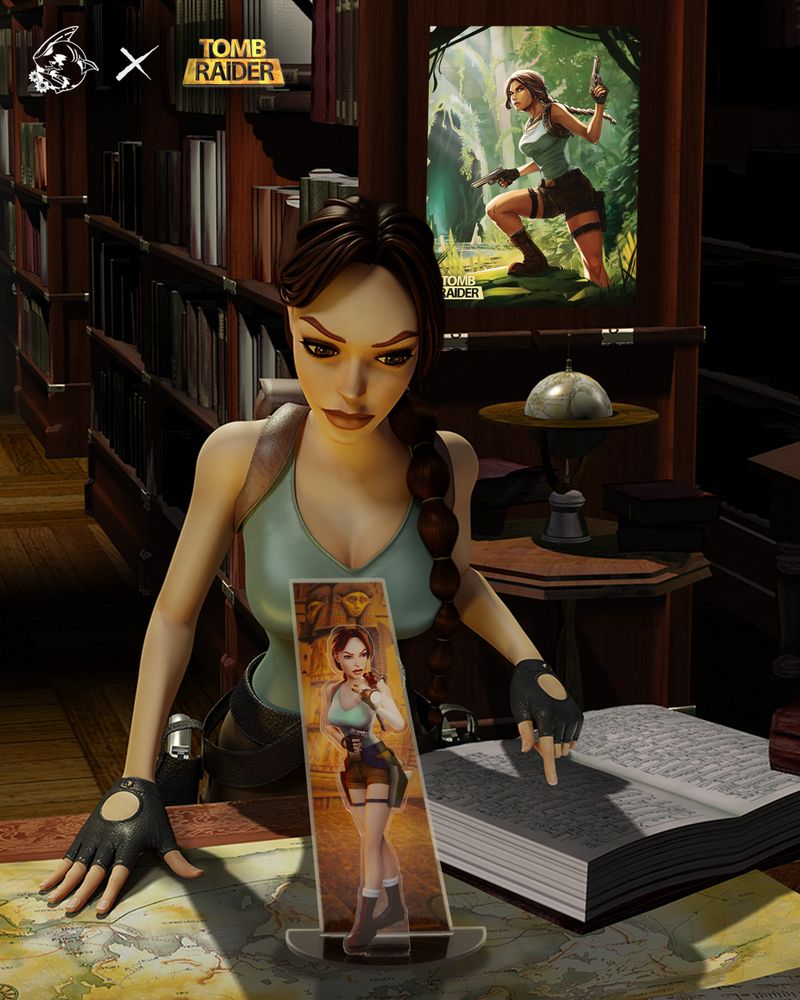 Image of Lara Croft looking at the Tomb Raider standee from Shark Robot.