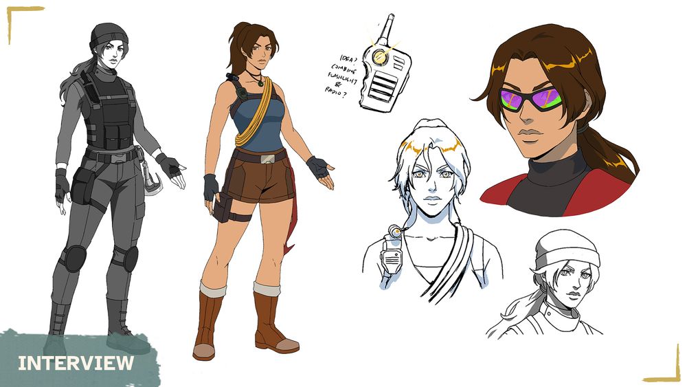 Concept art and finalized looks for Lara Croft in Tomb Raider: The Legend of Lara Croft.