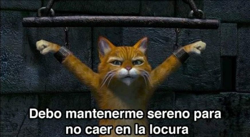 El gato con botas de Shrek diciendo "Debo mantenerme sereno para no caer en la locura".