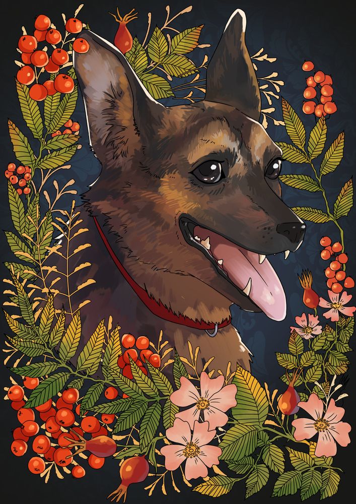 Dog portrait among rowans