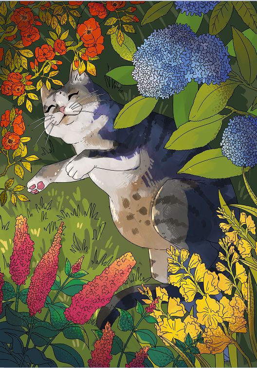 chubby white and gray kitty sleeping in flowers