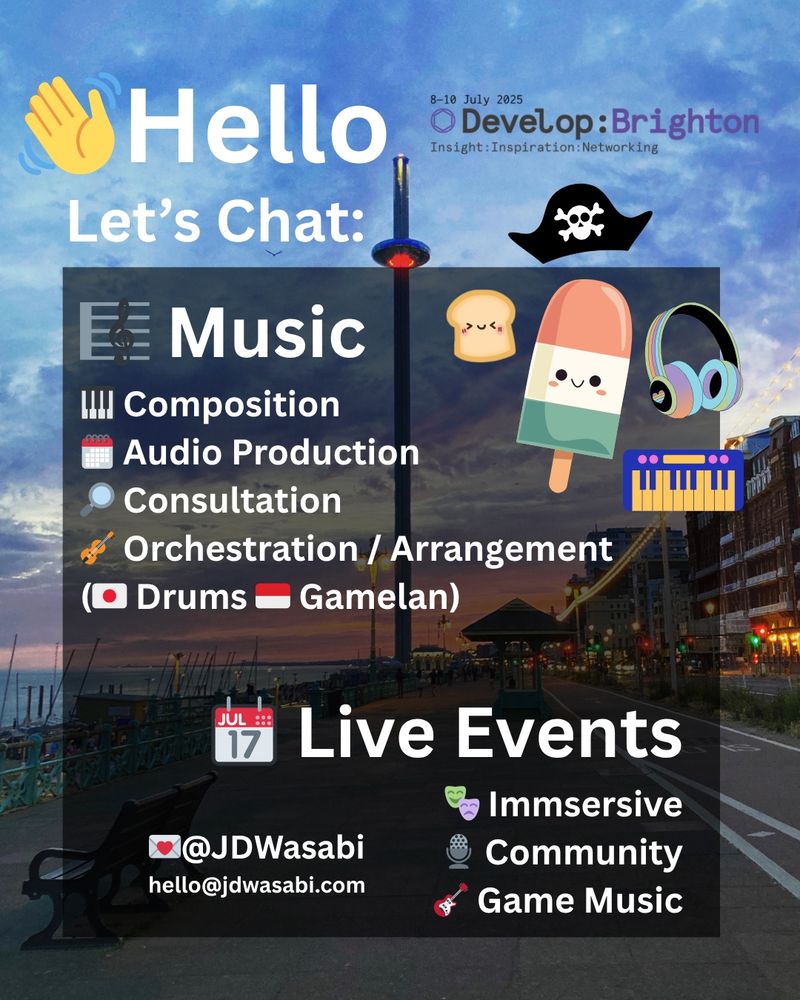 Hello! Let's chat music, composition, audio production, consultation, orchestration / arrangement, (japanese drums, Indonesian Gamelan), Live events, immserive, community, game music, @JDWasabi, hello@jdwasabi.com