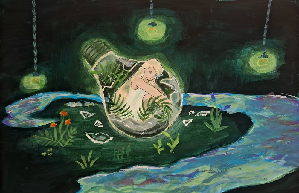 A gouache painting of the location called "Lightbulb Garden". It features a dark area with a hint of green, a bunch of plants and flowers, hanging lanterns and lightbulbs. In this painting one of the game's NPCs - Lightbulb Nymph, a blonde long haired girl with blue eyes and a white dress - sitting inside one of the broken lightbulbs with fern growing from the inside as well.
