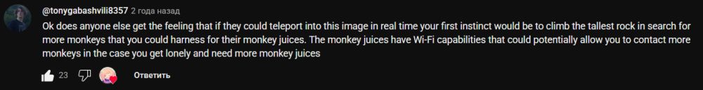 YouTube comment saying: "Ok does anyone else get the feeling that if they could teleport into this image in real time your first instinct would be to climb the tallest rock in search for more monkeys that you could harness for their monkey juices. The monkey juices have Wi-Fi capabilities that could potentially allow you to contact more monkeys in the case you get lonely and need more monkey juices"