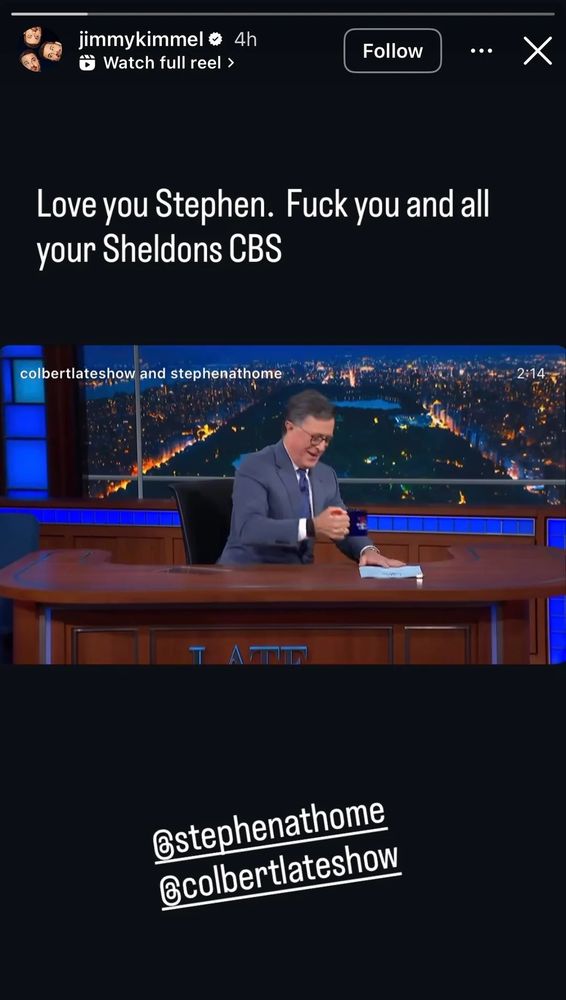 A post from Jimmy Kimmel that reads: "Love you Stephen. Fuck you and all your Sheldons CBS"