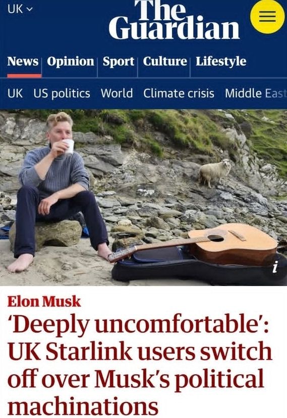 An article featuring 'The Guardian' header, with photo of man on beach with coffee cup, guitar and sheep. 
