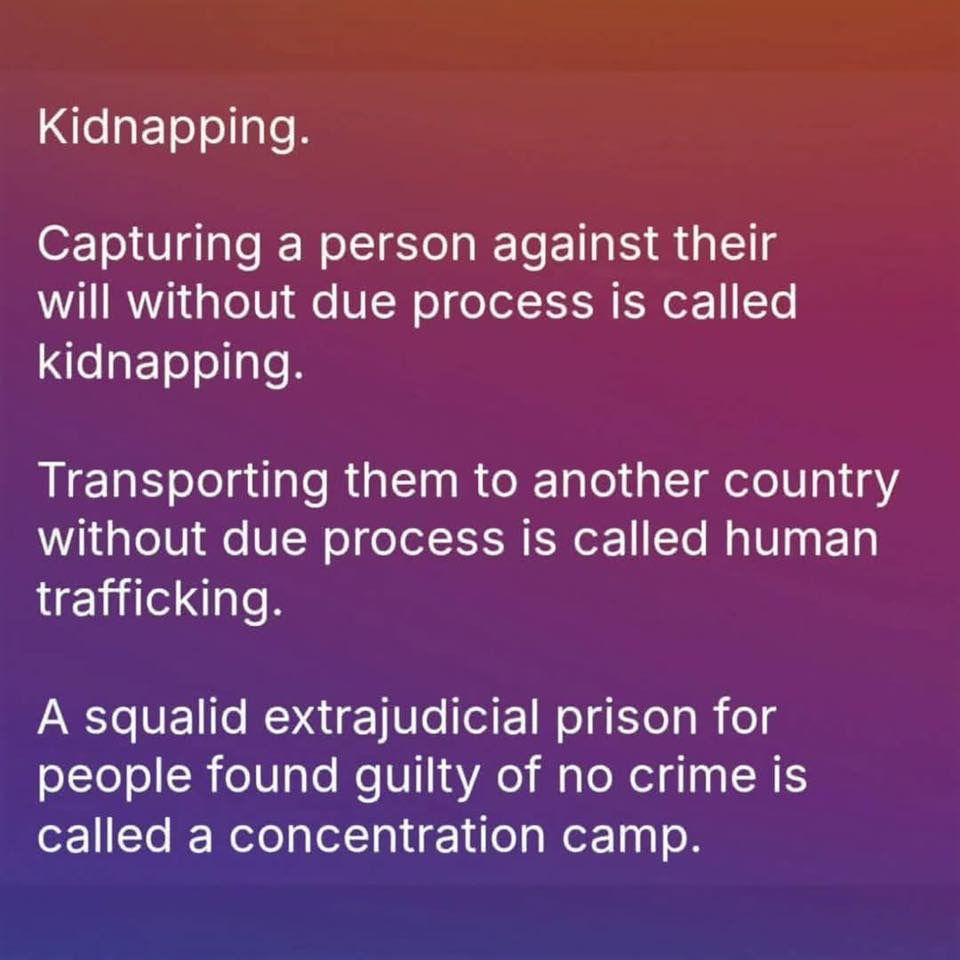 descriptions of capturing a person without due process = kidnapping transporting them to another country is human trafficking an extrajudicial prison for people without being guilty of an actual crime is a concentration camp