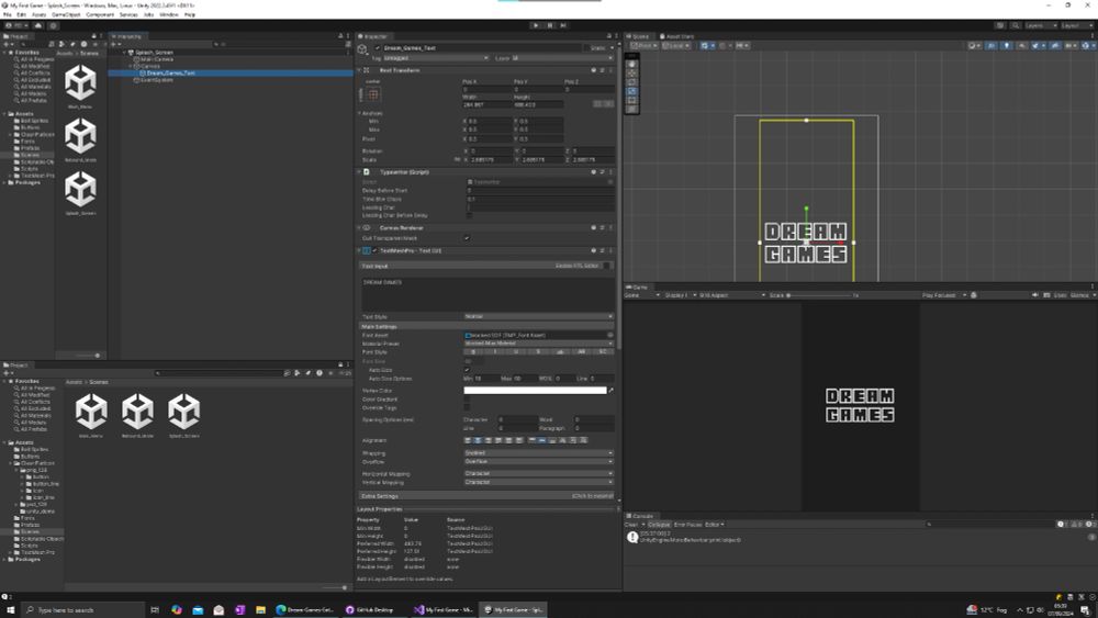 My First Game on Unity, working on the splash screen with Dream Games as the studio name - before later changing it to Juegos de Sueños...