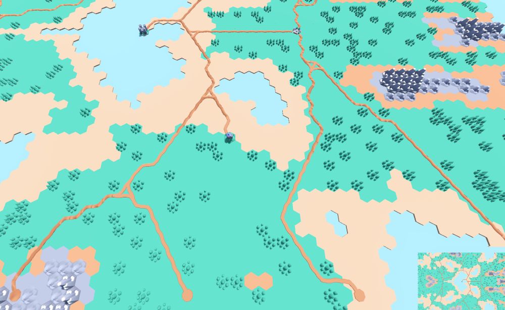 Hex-based lightly colored map tiles with paths connecting a few buildings. Tiles are mountains, grass, forest, san and water