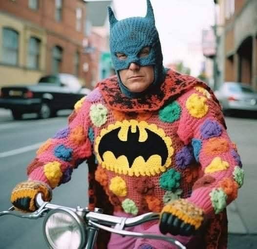 Das Bild zeigt eine Person, die auf einem Fahrrad fährt und eine ungewöhnliche Batman-Kostümvariation trägt. Der Mann trägt eine gestrickte blaue Batman-Maske und einen bunten, gehäkelten Pullover mit großen, bunten Kugeln darauf. In der Mitte des Pullovers ist das klassische Batman-Logo in Gelb und Schwarz ebenfalls gehäkelt. Zudem trägt er gestrickte Handschuhe mit bunten Mustern.
Der Gesichtsausdruck des Mannes ist ernst, während er in einer städtischen Umgebung auf der Straße fährt. Im Hintergrund sind Autos und Gebäude zu sehen. Die Mischung aus traditionellem Superhelden-Look und handgemachter, bunter Häkelmode verleiht dem Bild eine humorvolle und skurrile Note.

