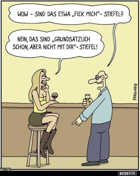 Das Bild ist eine gezeichnete Karikatur mit einem humoristischen Dialog. Zu sehen sind zwei Personen, ein Mann und eine Frau, die sich in einer Bar unterhalten.

Die Frau sitzt auf einem Barhocker, trägt ein enges Top, einen kurzen Rock und auffällige, kniehohe Stiefel. Sie hält ein Glas Wein in der Hand. Der Mann steht vor ihr, trägt Brille, ein blaues Hemd und eine dunkle Hose, und hält ein Getränk in der Hand.

Der Dialog in den Sprechblasen lautet:

Mann: „Wow – sind das etwa ‚Fick mich‘–Stiefel?“

Frau: „Nein, das sind ‚Grundsätzlich schon, aber nicht mit dir‘–Stiefel!“