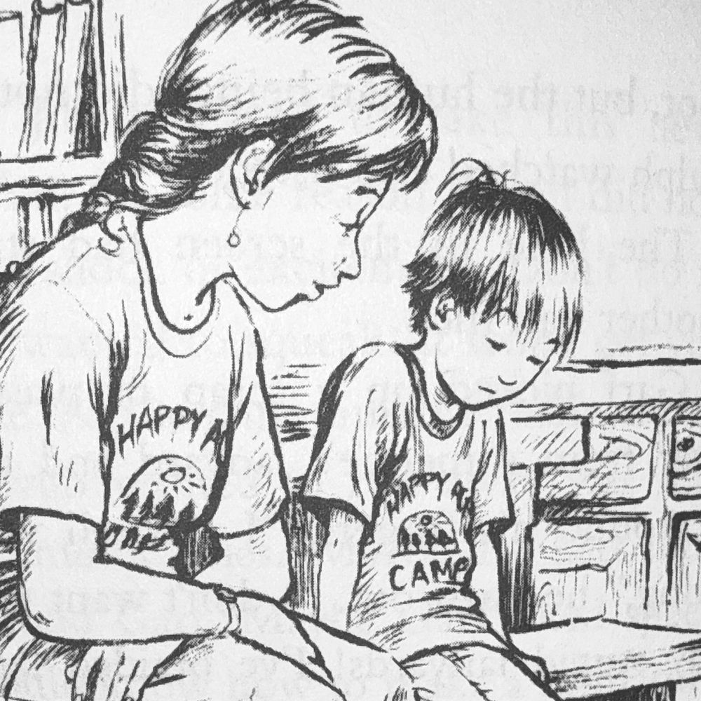 A black and white illustration depicts a girl and a boy sitting together. Both are wearing matching t-shirts with "HAPPY" and a camp-themed design. The girl appears concerned, looking at the boy, who seems downcast with his head bowed.
