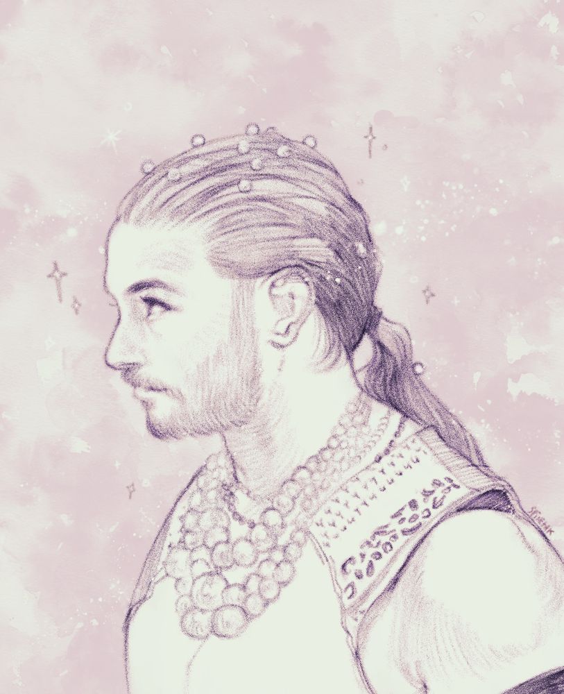 digital pencil drawing in pink tones of Matt Jackson with pearls in his hair 