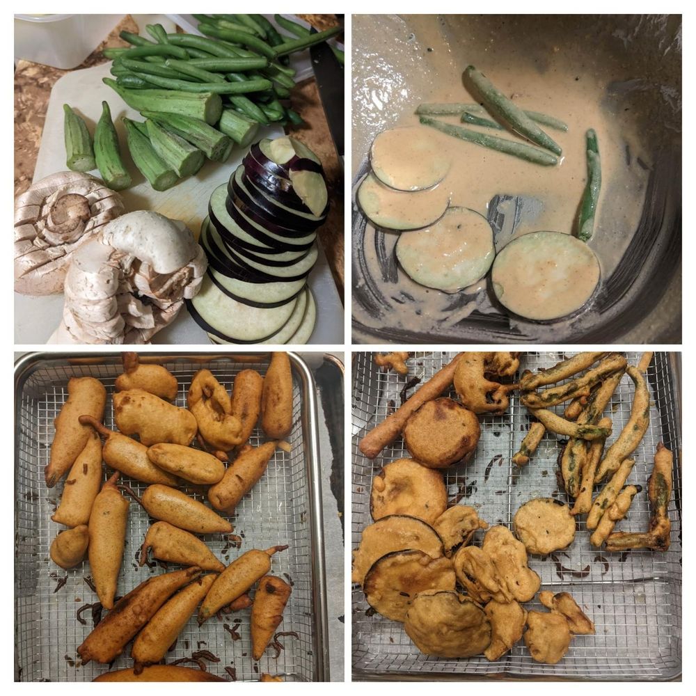 4 pics collage - okra, green beans, sliced mushrooms, cross thinly sliced eggplant on a cutting board
In batter and 
2 pics of the fried bhajjis on a mesh tray