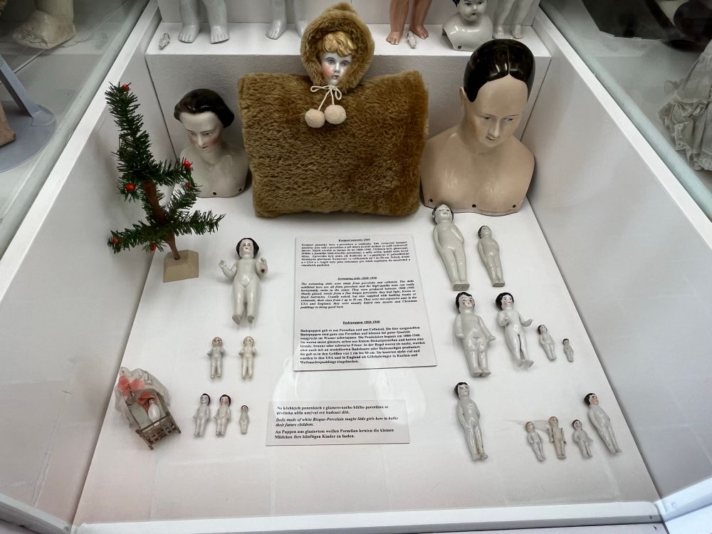 Three porcelain torsos, one wrapped in a fur coat/muff and sixteen full-body porcelain swimming dolls ranging in size from less than an inch to maybe three inches, in a display case. 