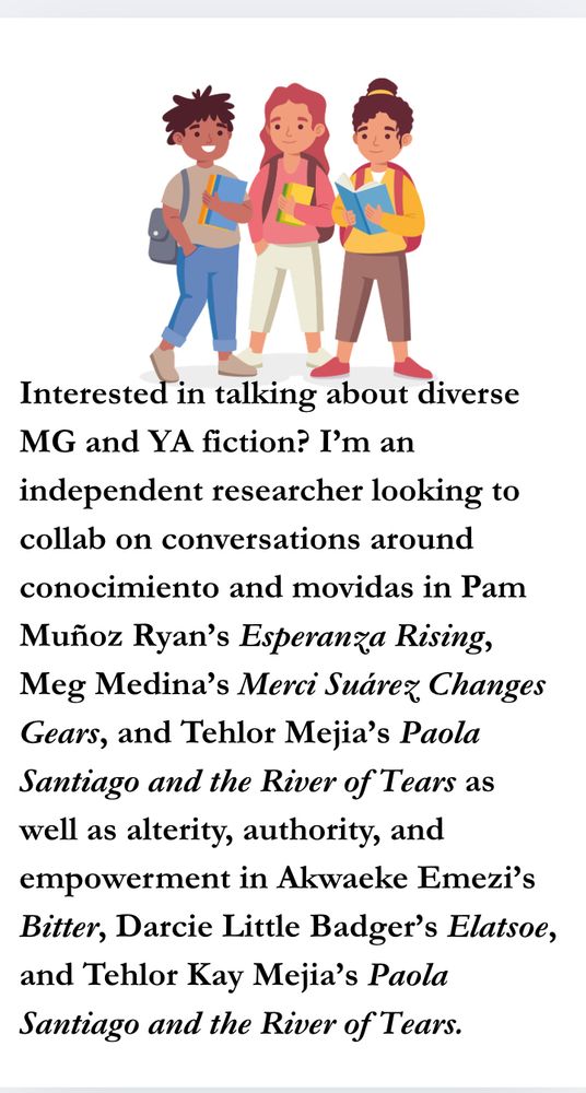 Graphic of three ethnically diverse teens wearing backpacks and holding books atop invitation to collab on a conversation about diverse MG/YA books.
