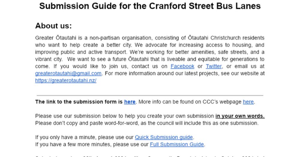 Greater Ōtautahi Submission Guide for the Cranford Street Bus Lanes