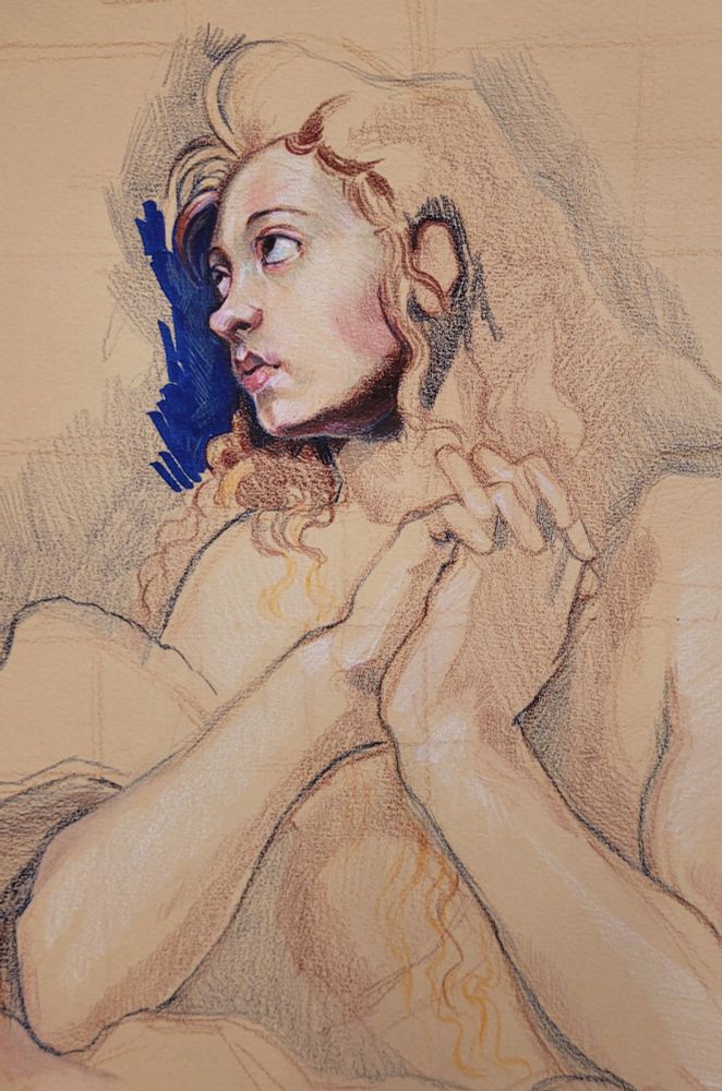 A mastercopy of Mary Magdalena done in color pencil on sandy color paper. She is looking penitently up at the sky, her hands folded together.