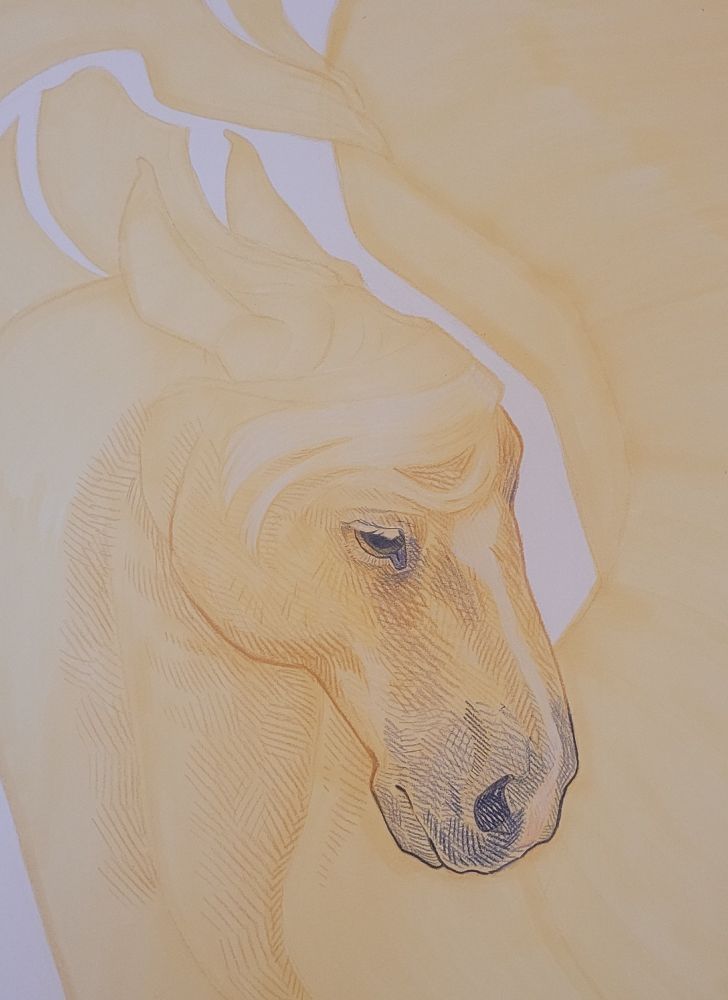 A wip drawing of a stylized horse. It has a base tone of pale yellow marker, and the starting of highly textured color pencil on the face.
