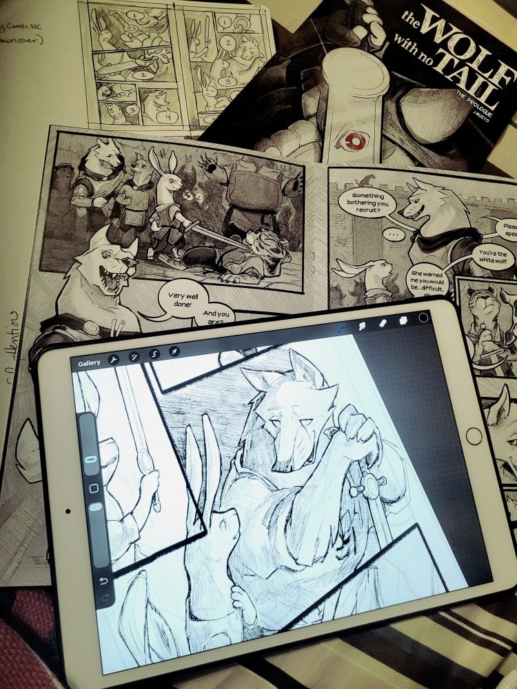 A downward shot of a couch with a large sketchbook, two comic books and an iPad. In the sketchbook are thumbnails for comic pages. The two comic books are from the series "The Wolf with No Tail" and feature rabbit and Wolf characters. The iPad has Procreate open where a new page of the comic is in progress.