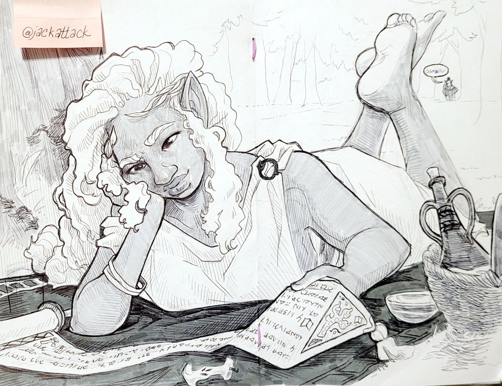 A black and white drawing in ballpoint pen and marker. A darker skinned elf woman with white hair lays on a blanket, trying to study a scroll written in a strange script. She has a basket with apples and a drink vessel. She is amongst many trees, and a small figure far at the treeline is calling for her: "Celembrethir!"