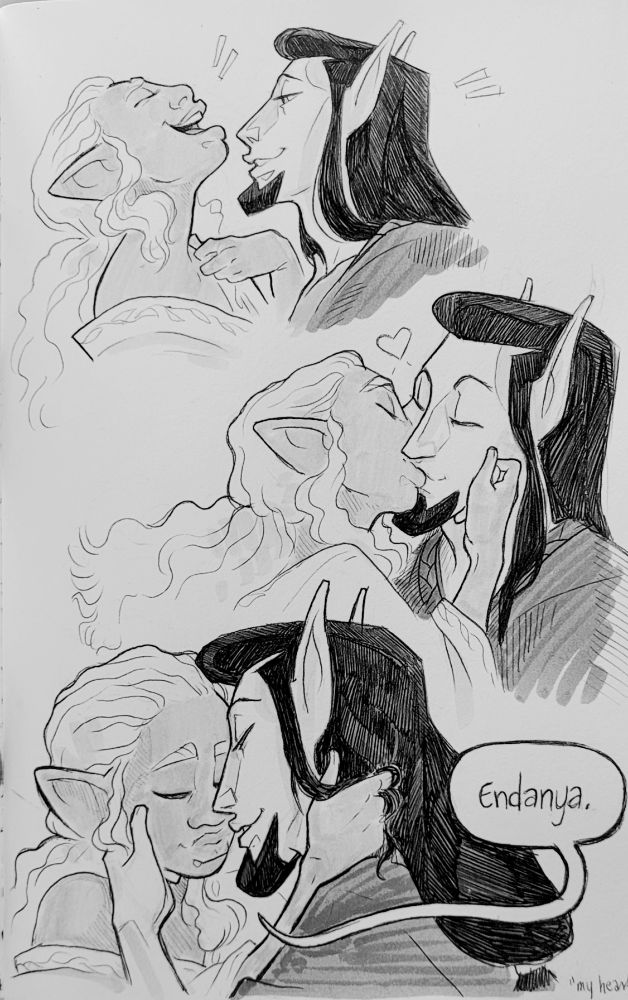 Two elven characters, drawn as busts in three moments. One is a darker skinned, lighter haired femme elf and the other is a light skinned, dark haired masc elf. They are playfully flirting and bantering.