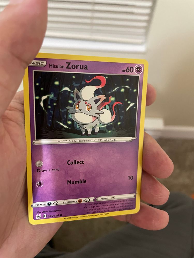 Pokémon card, Hisuian Zorua, which a fursona of Aeonis, Shiro