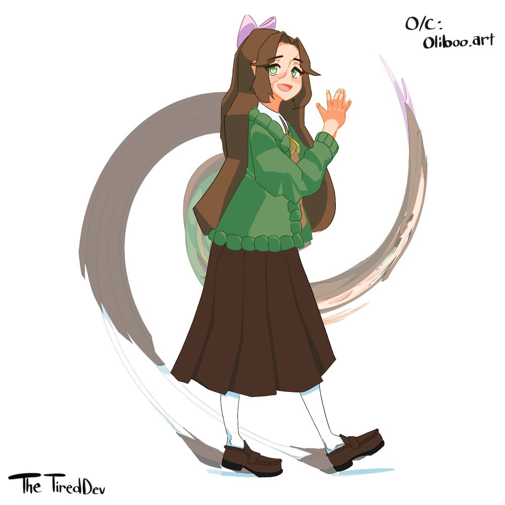 A sketch of Aimee Poppet, an original character by Oliboo.art. A brown haired girl with green eyes and a crack that travels diagonally down her face. She is wearing a green cardigan with a brown sweater, a long brown skirt, which socks and moccasins. The background is a copy of Aimee's image but swirled.