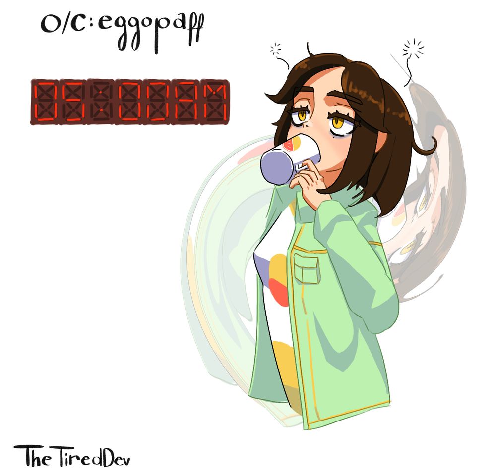 Artwork of Youzi Pomelo, an original character by eggopaff. A girl with dark brown hair and amber eyes. She is wearing a  white shirt with yellow trim and a pomelo decal in the center. She is drinking coffee from a mug with a matching decal. The time is 5:00 A.M.