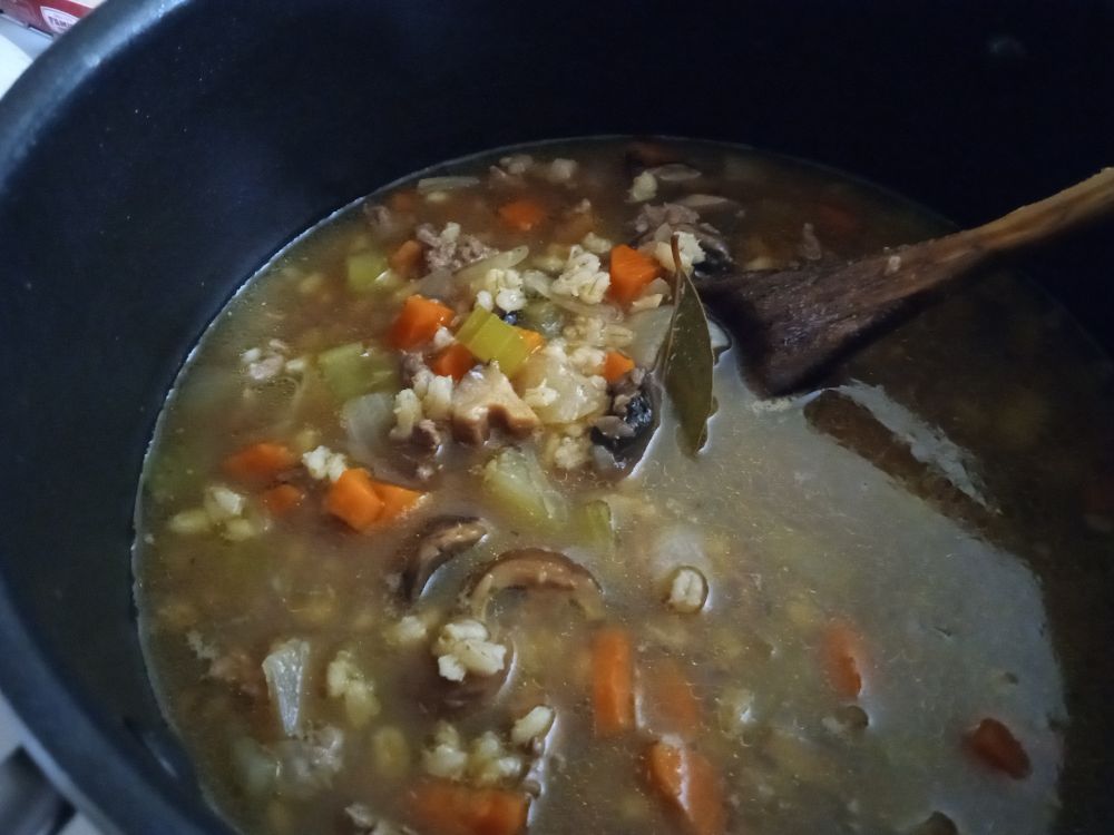 Mushroom Barley soup showing the barley at just the right doneness for me, basically al-dente.