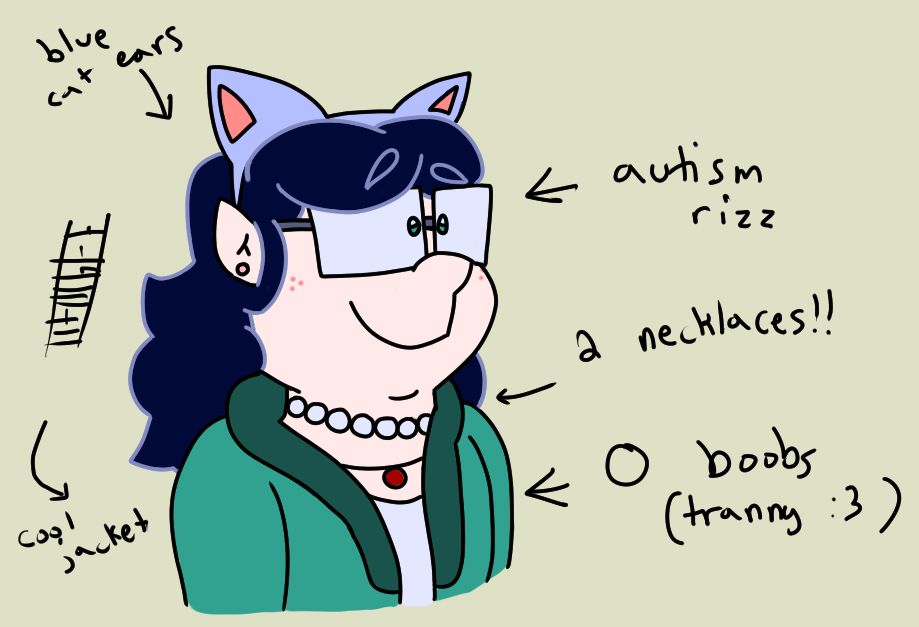 human blair- she has dark blue hair with a light blue headband with cat ears, pink earrings, glasses, two necklaces like blarret's two neck mouths, and a green jacket over a white t shirt. and no booba because trans