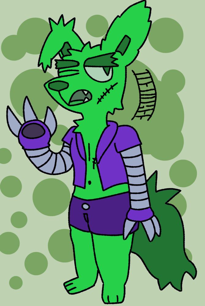 malic, my green wolf guy, who has robot arms, scars on his face and chest, and a missing eye. he's also gay as fuck wearing a shirt exposing his chest and shorts and he slays because he's a twink