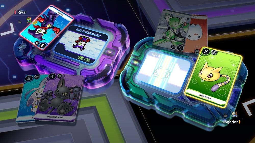 print do jogo Digimon Story: Time Strange mostrasndo um mini game de cartas digimon
