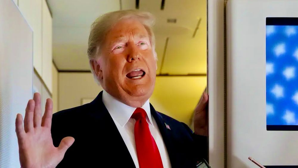 Trump with his pink and bright orange face aboard Air Force One, where he holds meetings at odd hours and constantly watches Fox News