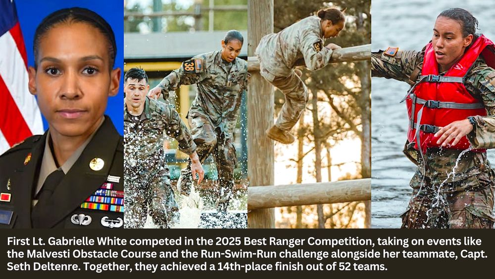 An image of the incredible accomplishment of First Lt. Gabrielle White competed in the 2025 Best Ranger Competition, taking on events like the Malvesti Obstacle Course and the Run-Swim-Run challenge alongside her teammate, Capt. Seth Deltenre. Together, they achieved a 14th-place finish out of 52 teams.
