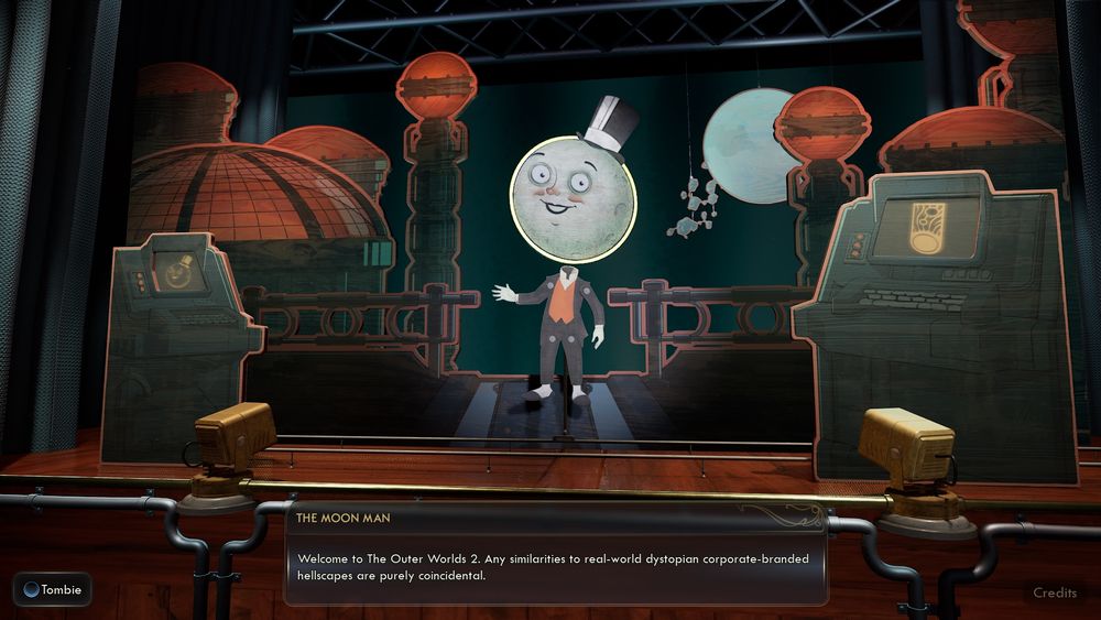 Outer Worlds 2 start menu screen. A well dressed moon wearing a top hat says “Welcome to The Outer Worlds 2. Any similarities to real-world dystopian corporate-branded hellscapes are purely coincidental.”