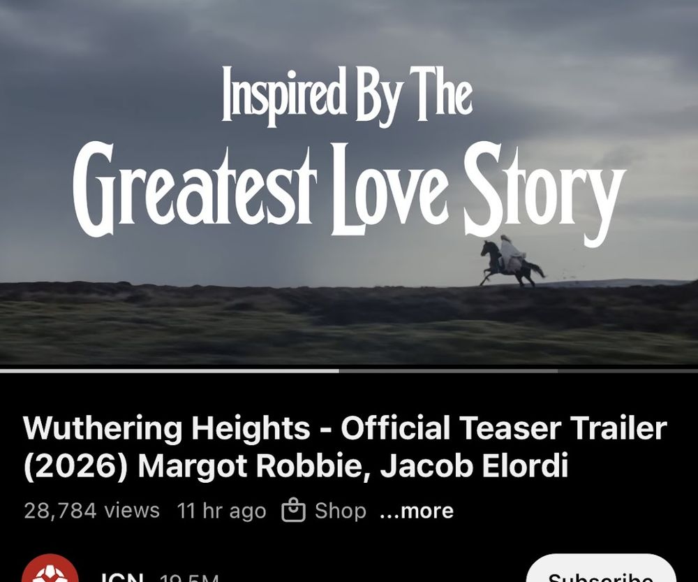 screenshot from the trailer of Wuthering Heights, with a shot of a woman riding a horse and on the sky there is text that say "Inspired By The Greatest Love Story"